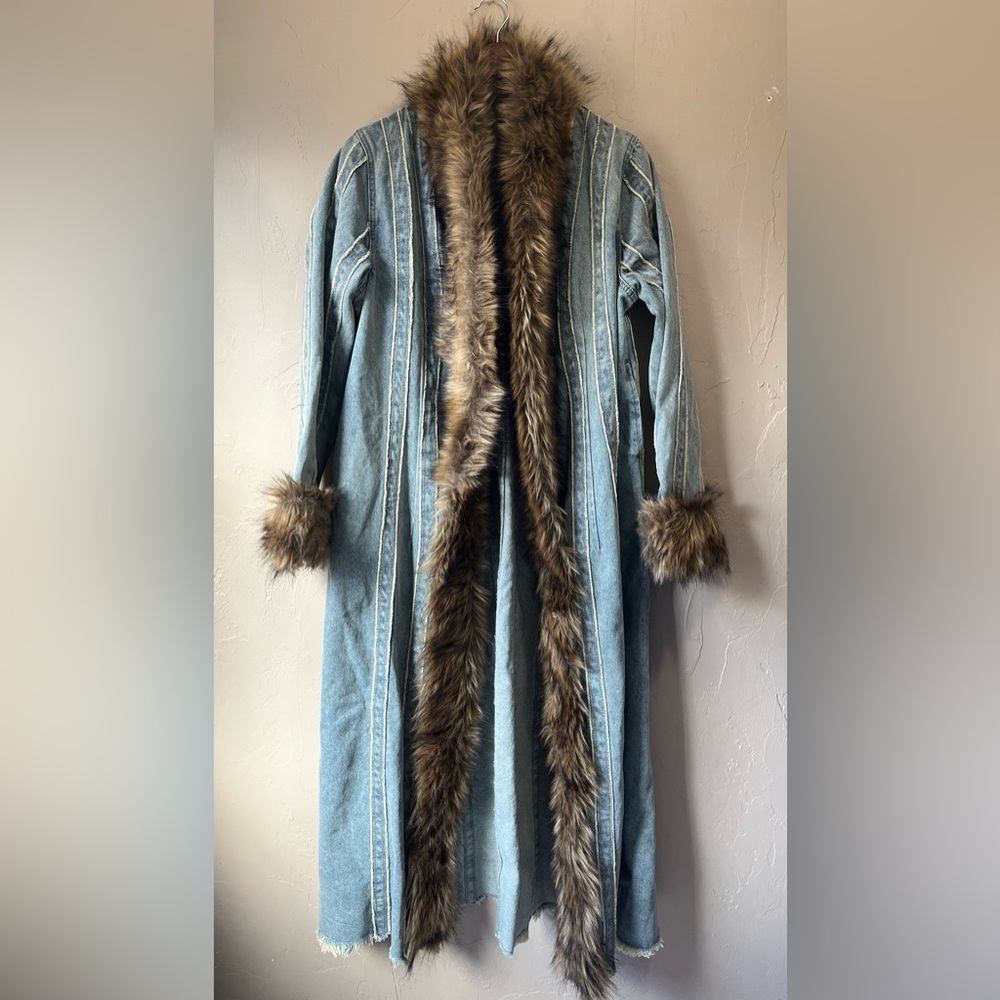 Women's Denim Coat with Faux Fur Trim